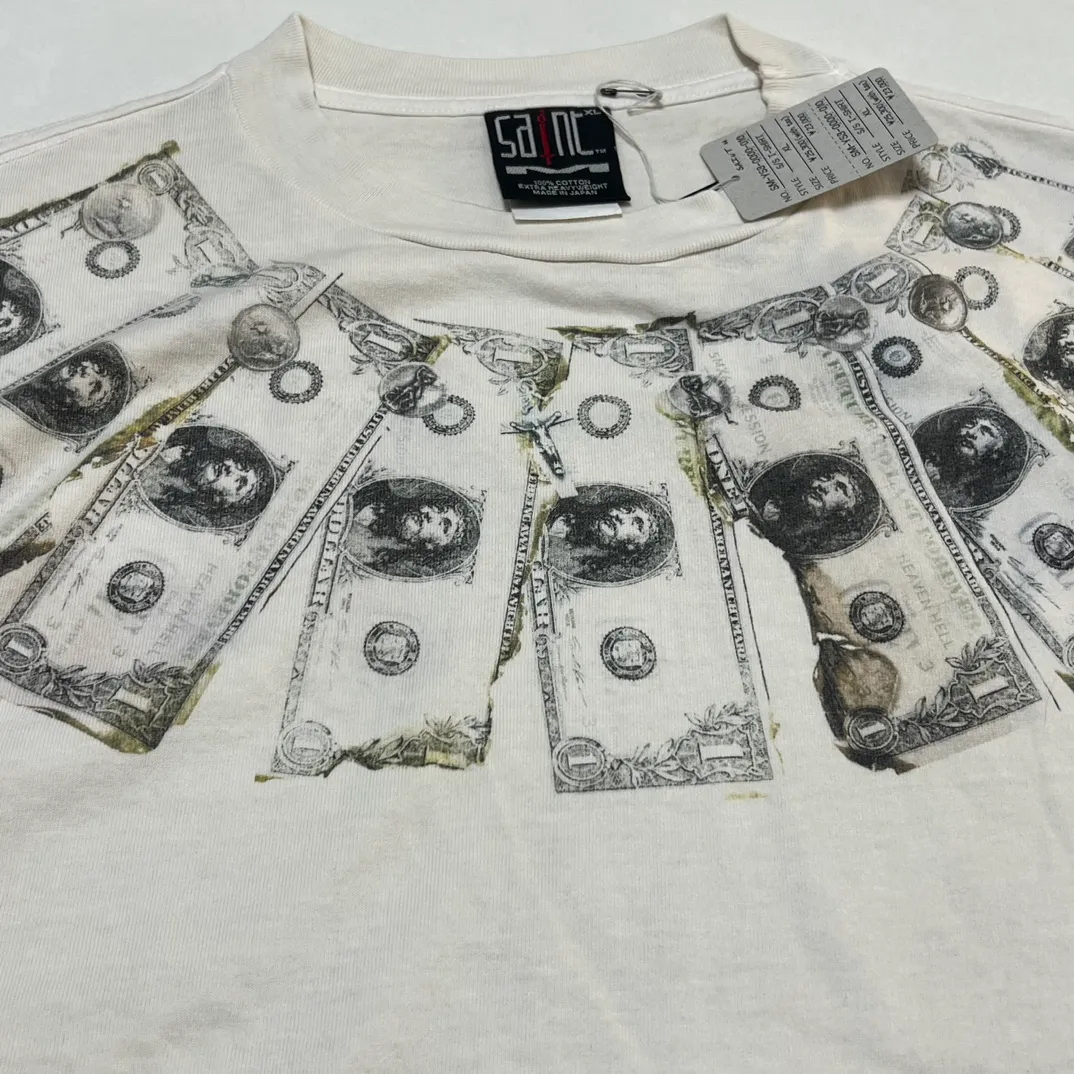 SAINT Mxxxxxx MONEY TEE/WHT dollar necklace, retro short-sleeved, off-white S-XL, ready-to-wear, washed and distressed, authentic level printing, correct accessories/with little angel logo